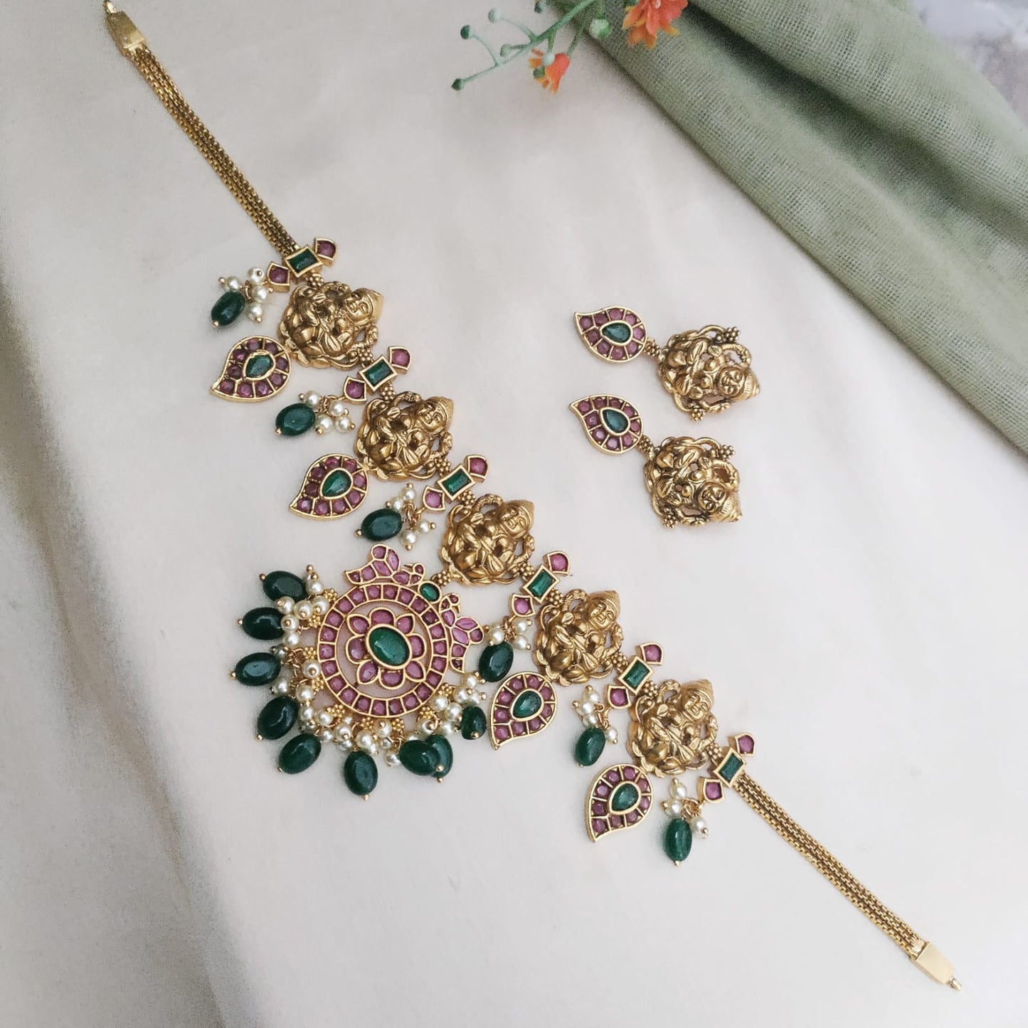 Temple necklace set with lakshmi design