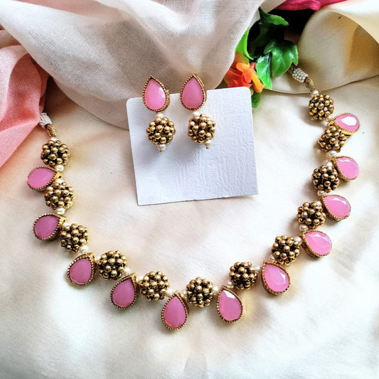 Golden ball with drop pink stone kundan necklace