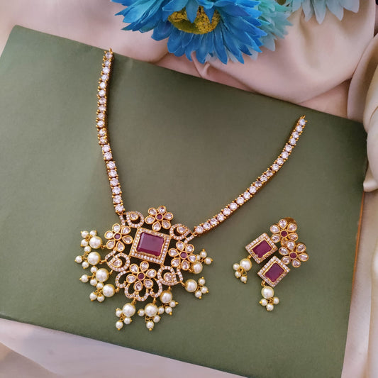 Diamond replica ruby with white stone necklace set