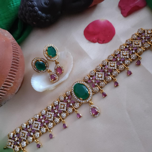 Bridal ruby with green stone choker necklace set