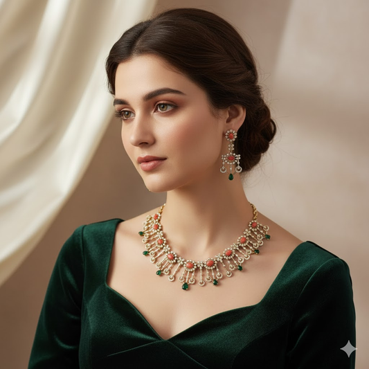 Trending Coral with green stone necklace set