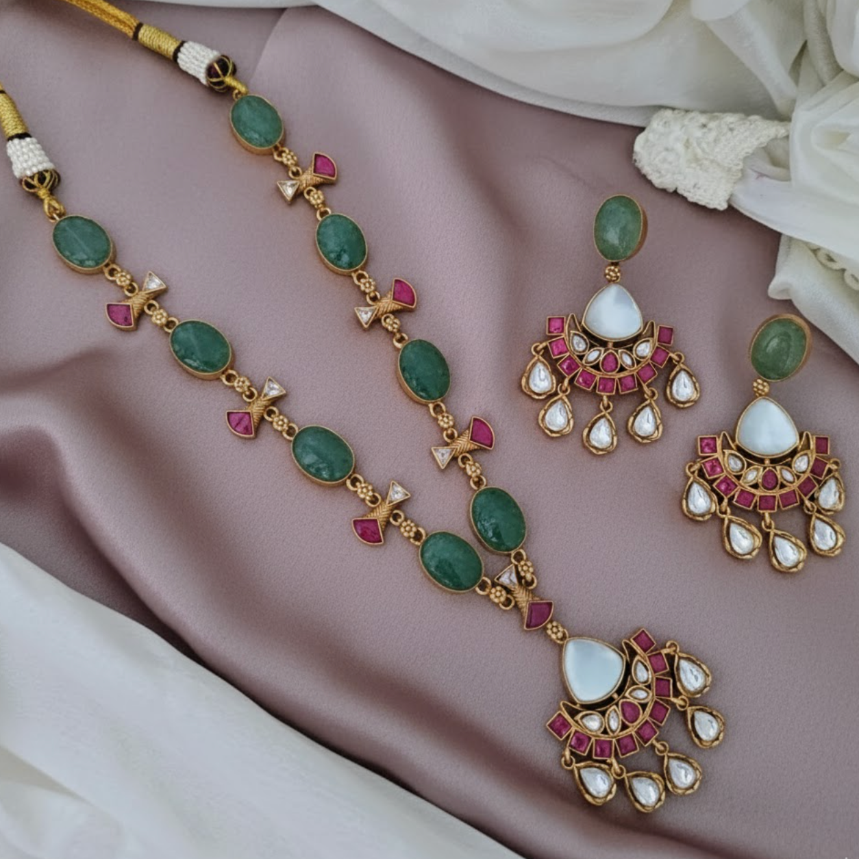 Jadau kundan Cresent shaped pendant with Jade stone necklace