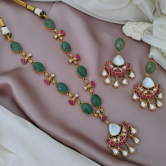 Jadau kundan Cresent shaped pendant with Jade stone necklace