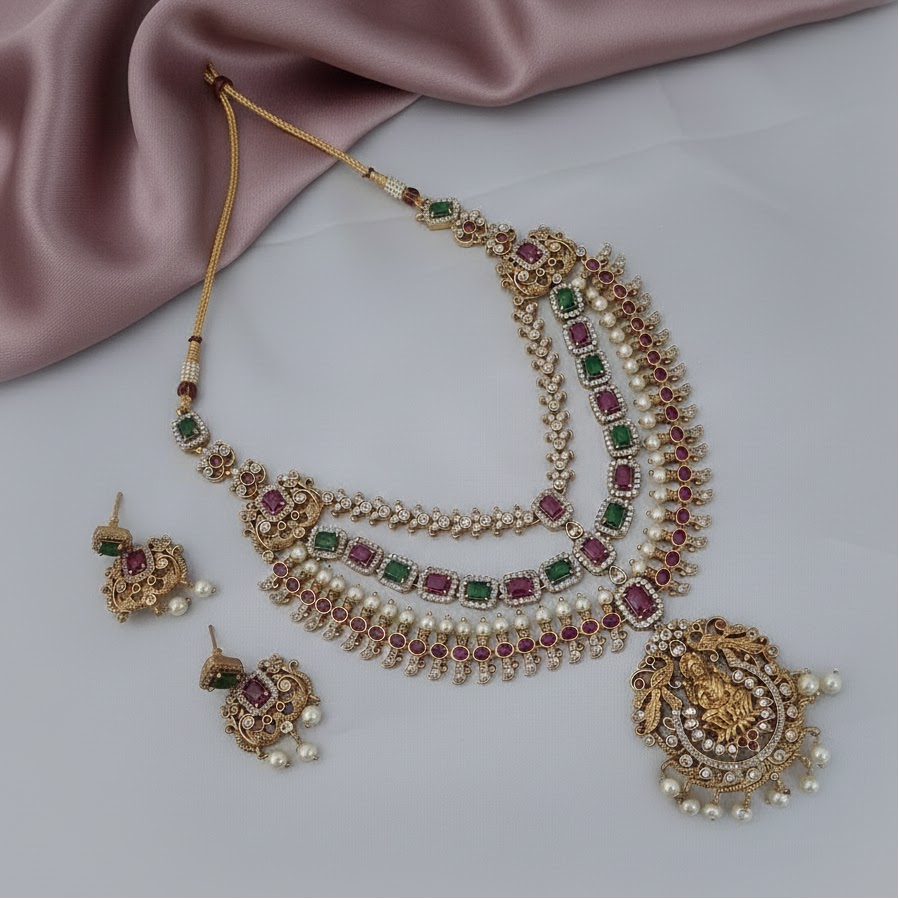 3 Layered CZ lakshmi pendant necklace