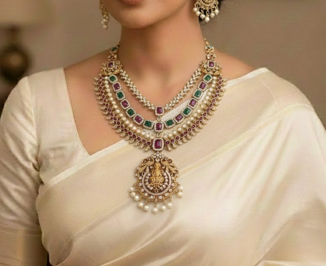 3 Layered CZ lakshmi pendant necklace