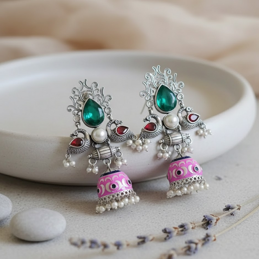 Drop stone peacock painted jumkha earring