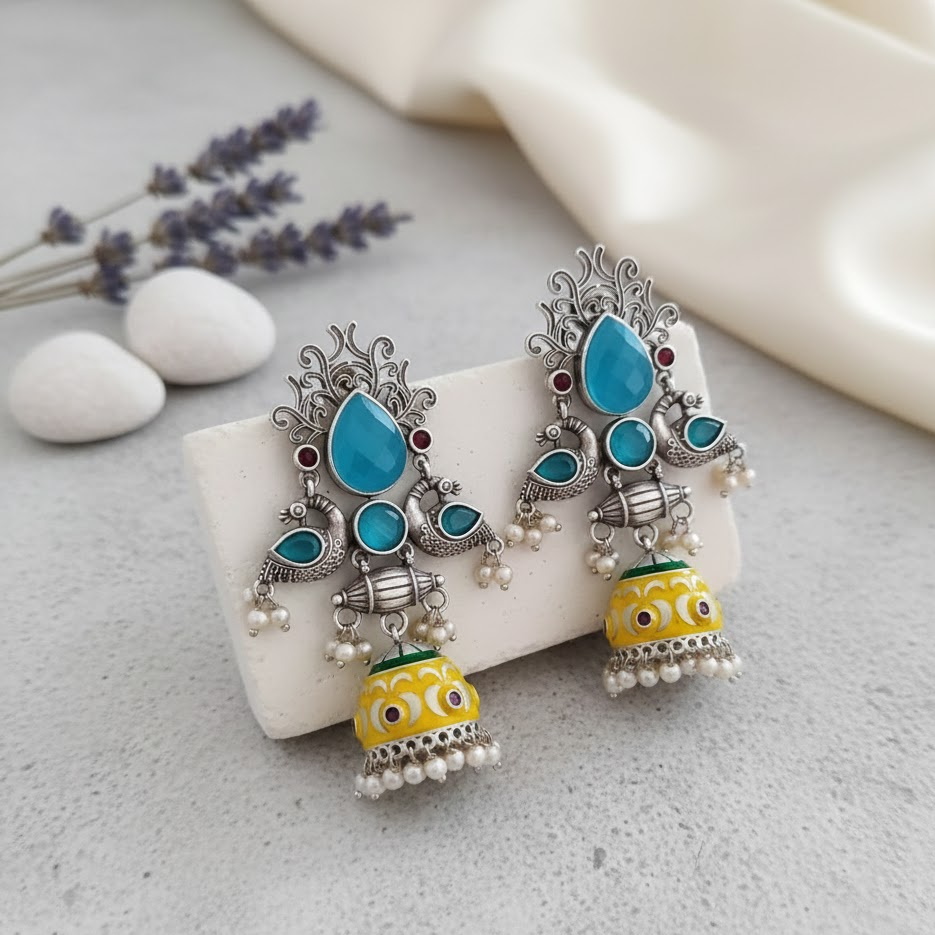 Drop stone peacock painted jumkha earring