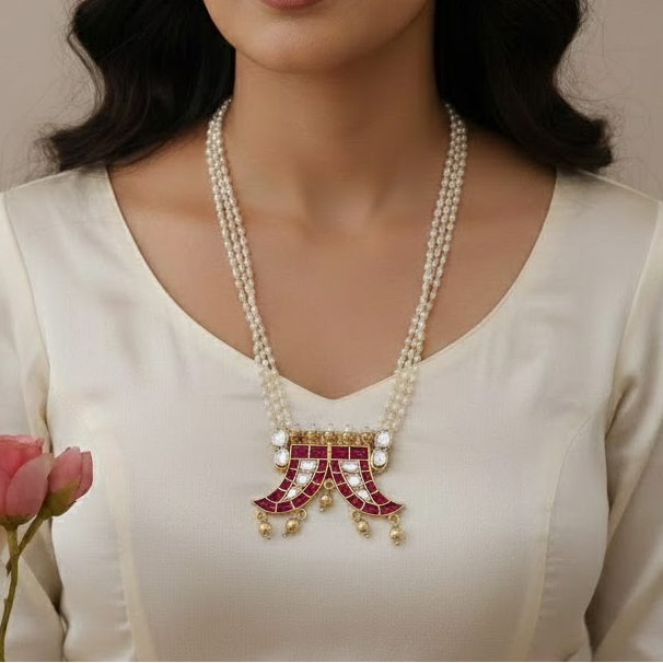 Sword design Jadau kundan pendant pearl string necklace - RUby