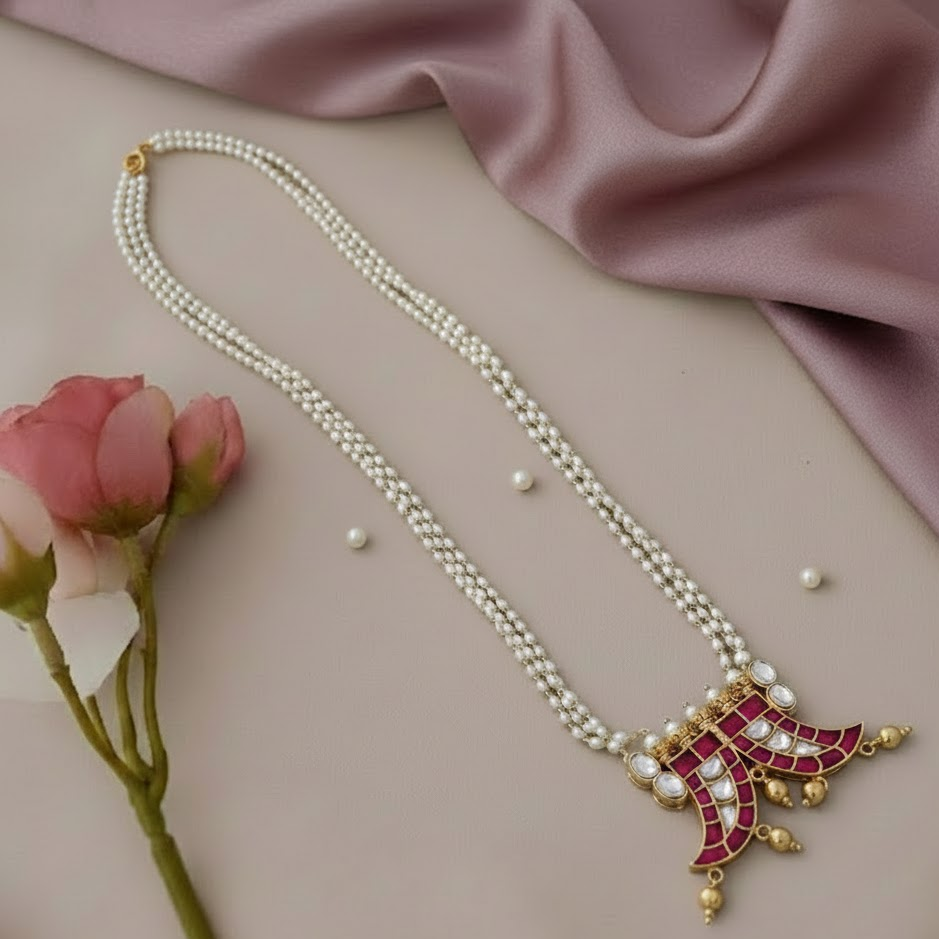 Sword design Jadau kundan pendant pearl string necklace - RUby