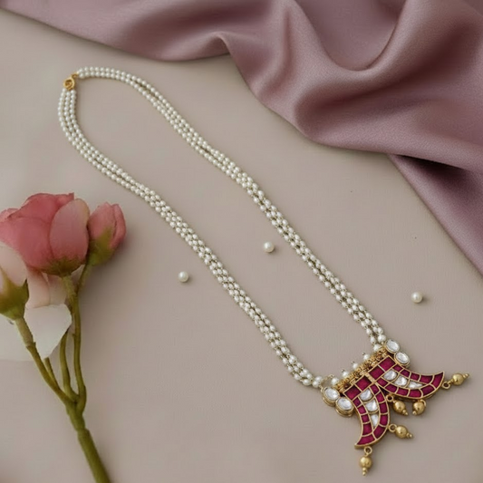 Sword design Jadau kundan pendant pearl string necklace - RUby