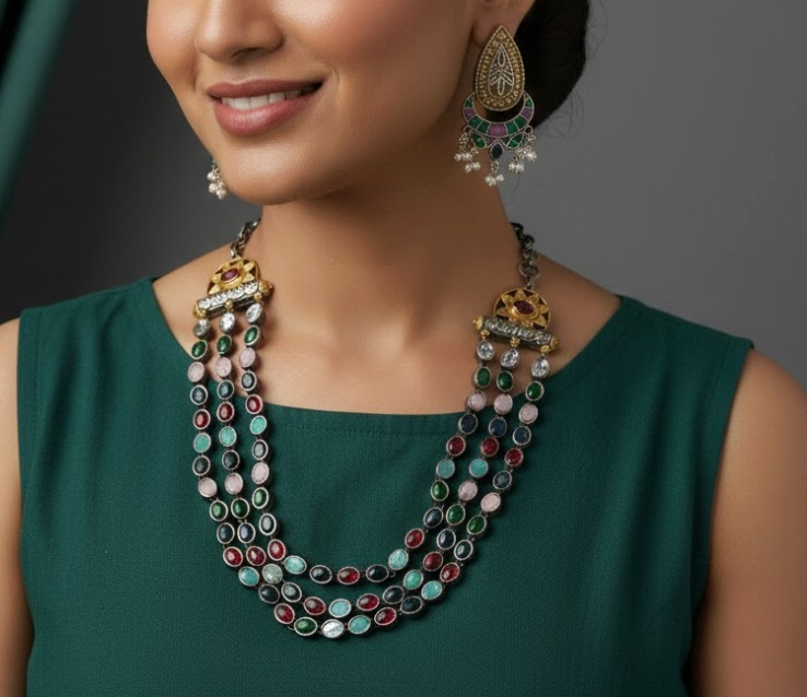 Multi stone 3layer dualtone long chain set