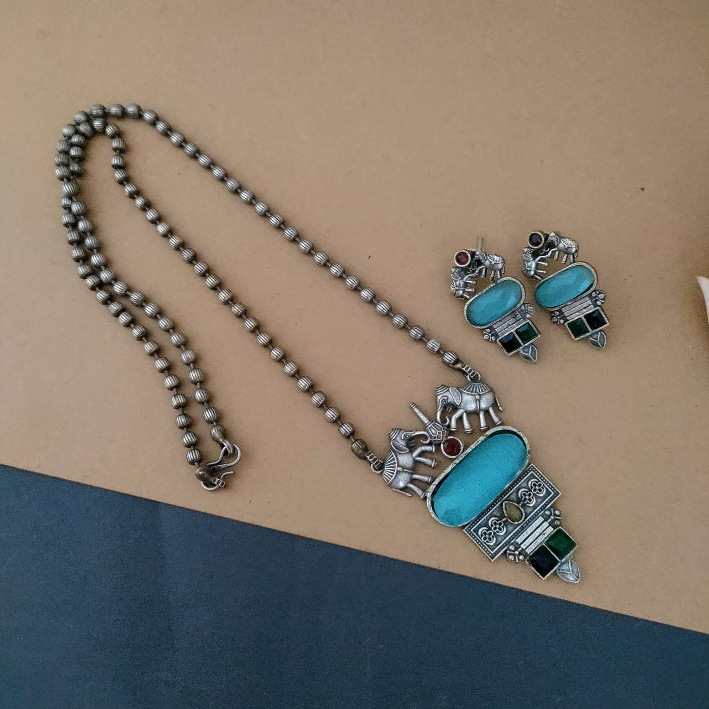 Elephant stone replica long chain set