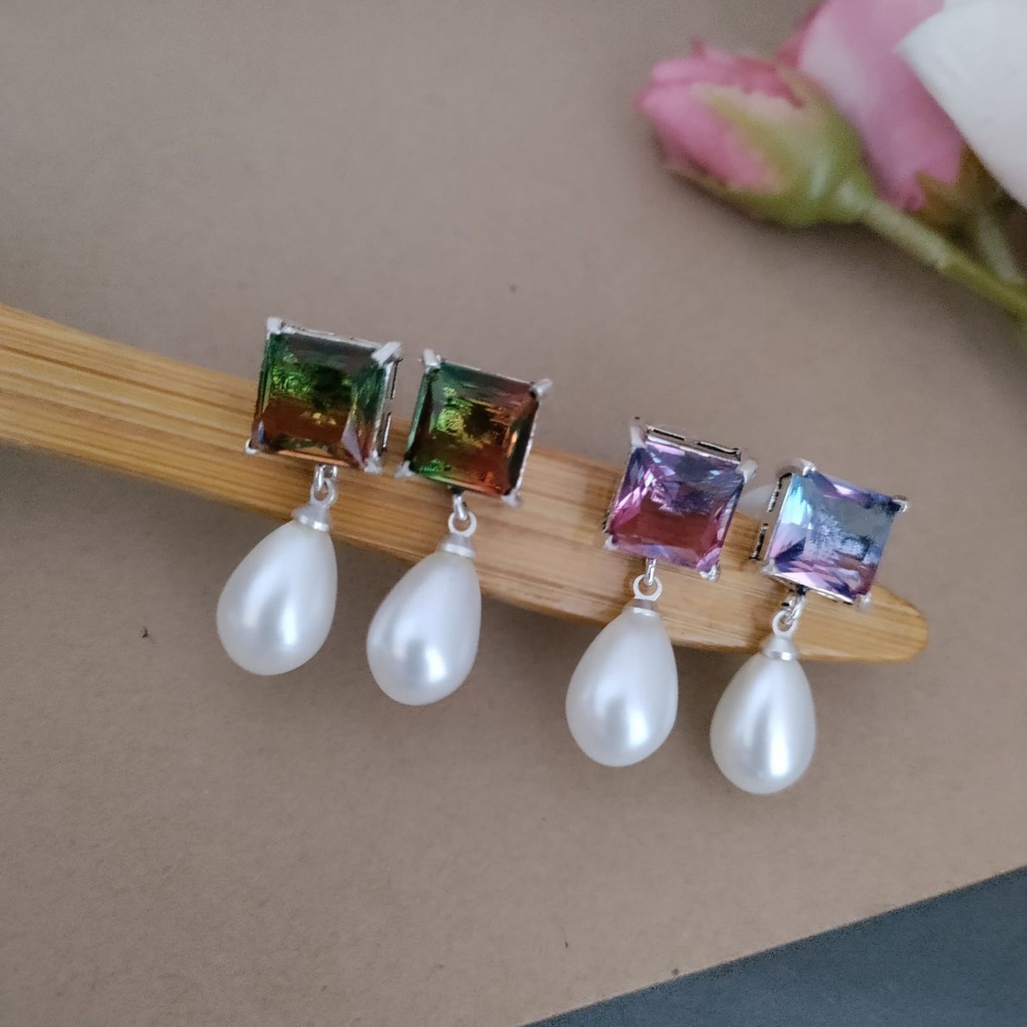 Diamond stone pearl drop earring