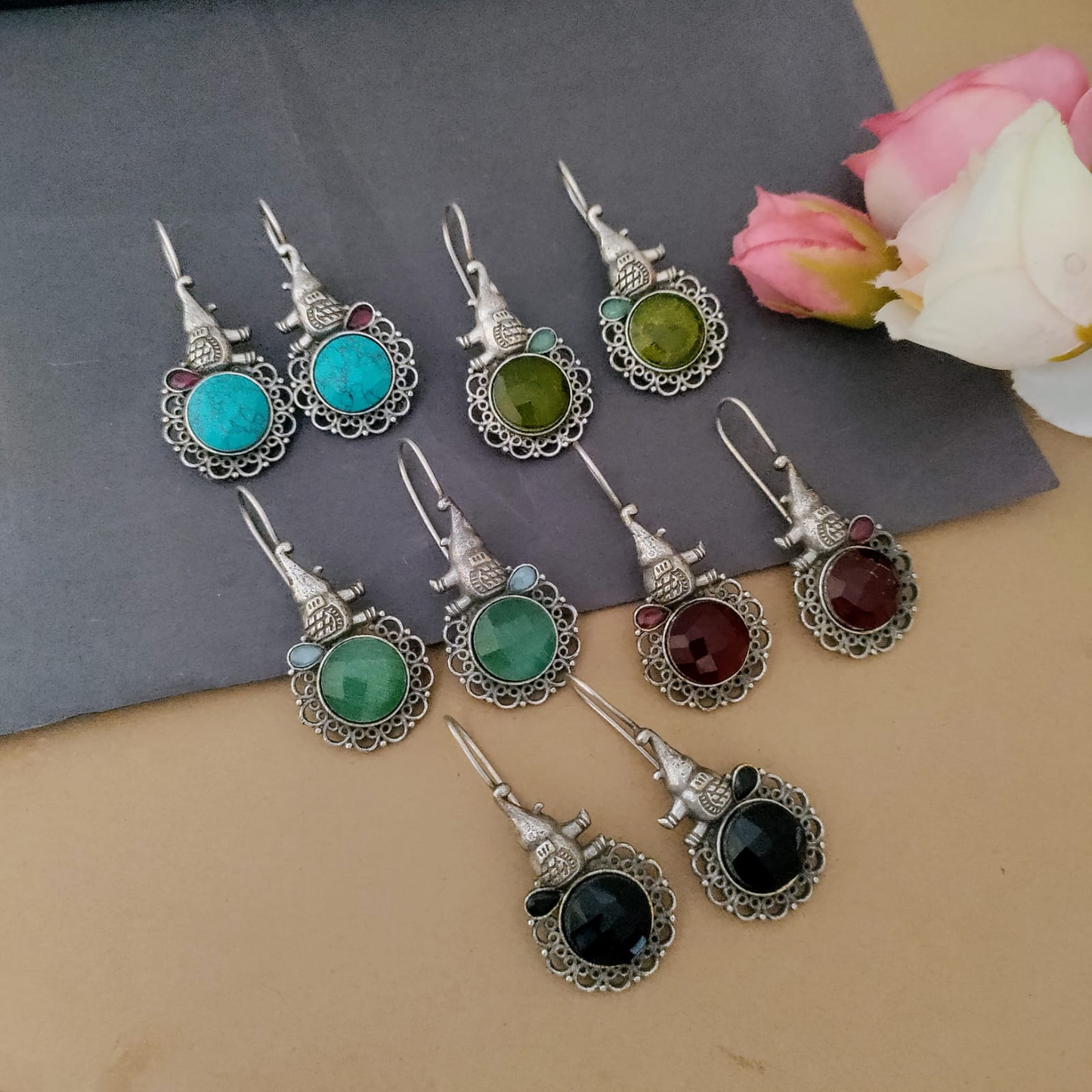 Elephant design Stone hook earring