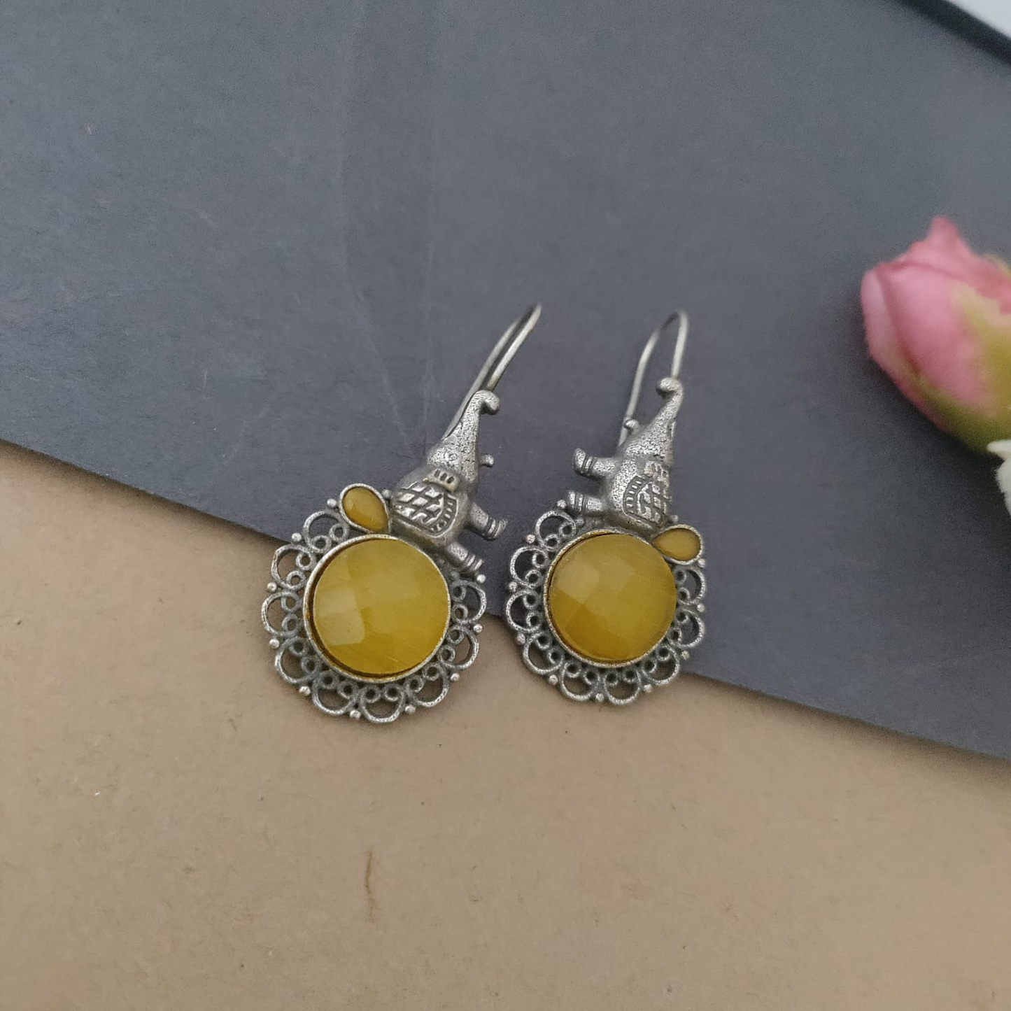 Elephant design Stone hook earring