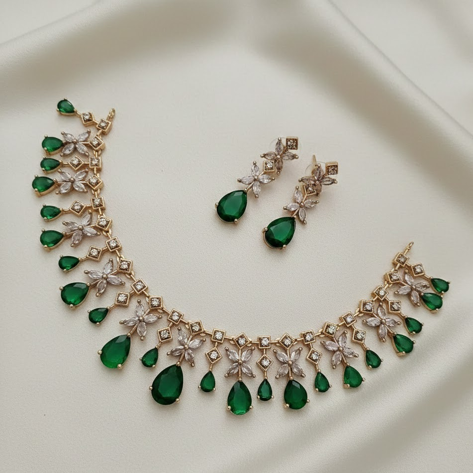 Gorgeous drop shaped cz stone studded necklace set