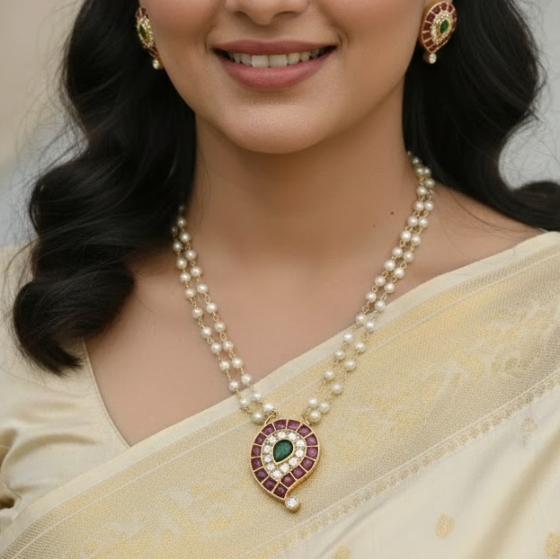 Kemp mango pendant set pearl string necklace