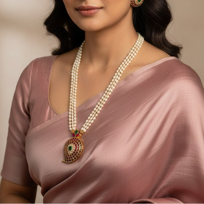 3layer pearl mango shaped pendant chain set