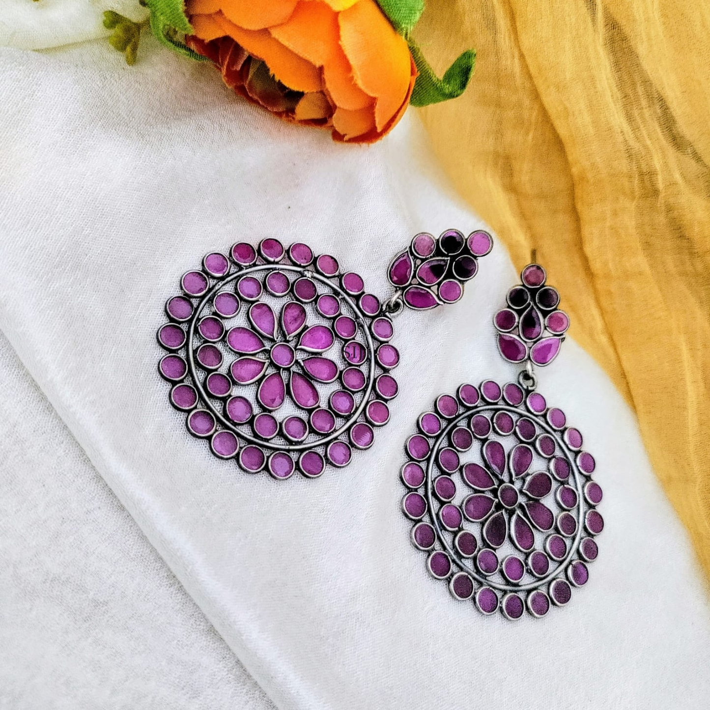 92.5 Pure Silver Ruby Polki Stone Earring