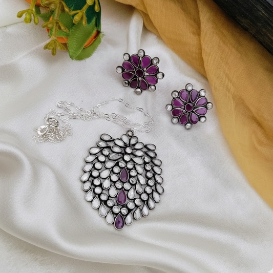 92.5 Pure Silver Ruby Polki Stone Pendant chain set