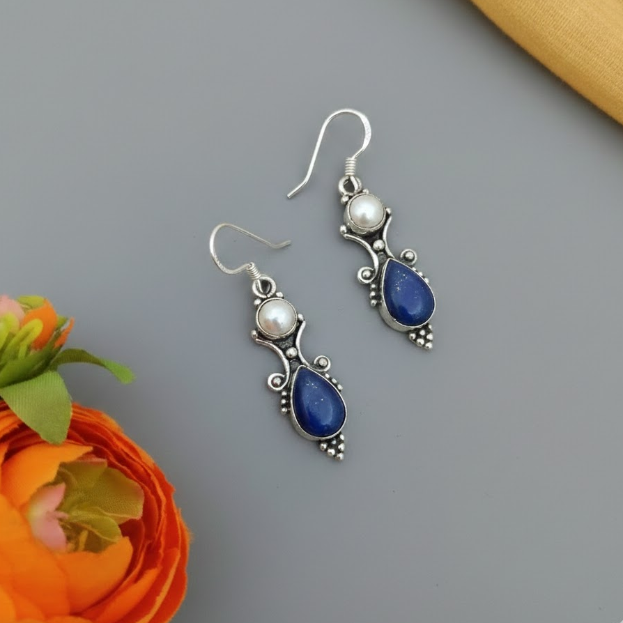 92.5 Pure Silver Lapis with Pearl Stone Hook Earring