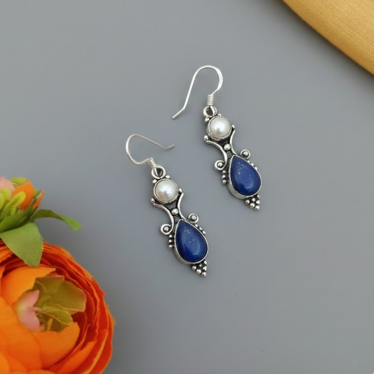 92.5 Pure Silver Lapis with Pearl Stone Hook Earring