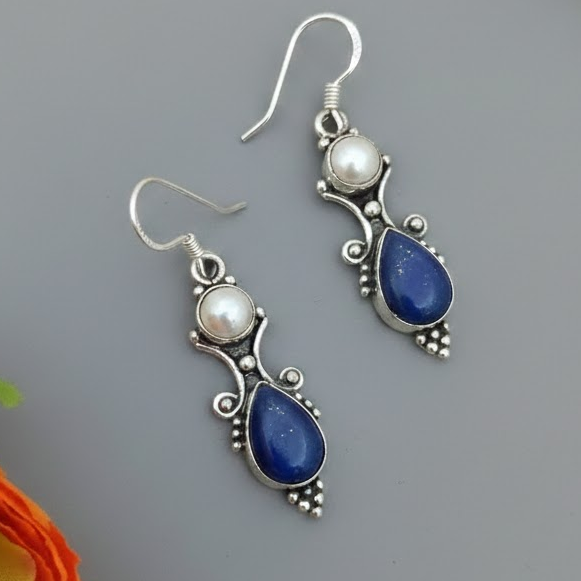 92.5 Pure Silver Lapis with Pearl Stone Hook Earring