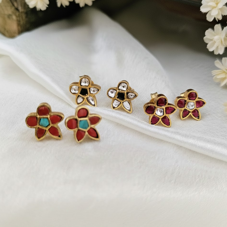 92.5 Pure Silver Bird Design Gold Finish Jadau Kundan Ear Studs