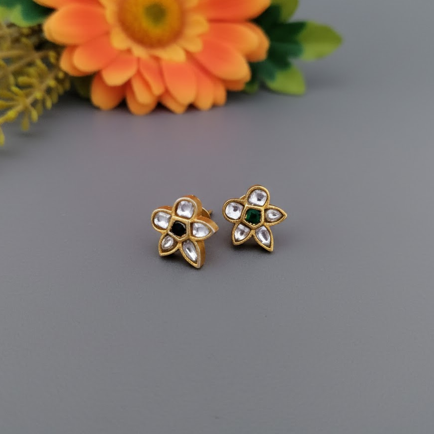 92.5 Pure Silver Bird Design Gold Finish Jadau Kundan Ear Studs