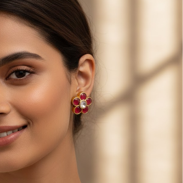 92.5 Pure Silver Gold Finish Jadau Kundan Ear Studs