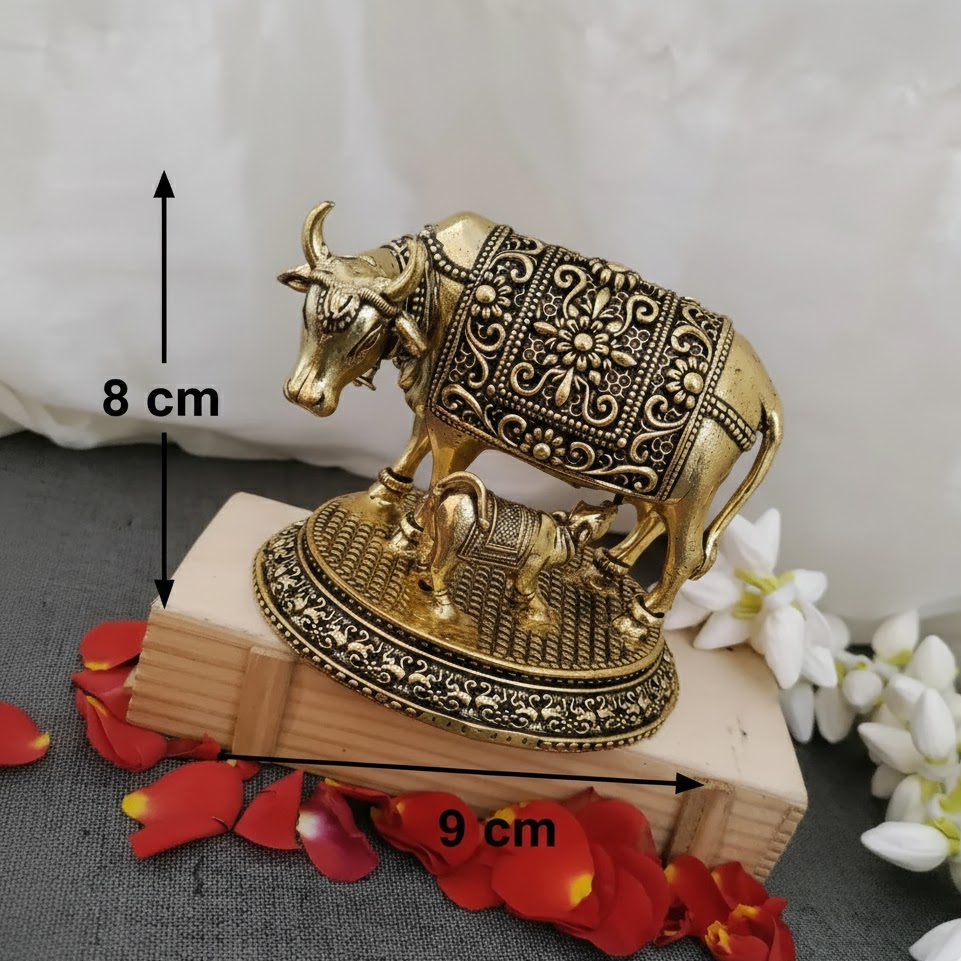 Pure brass kamadhenu cow with calf idol - 8.5 cm