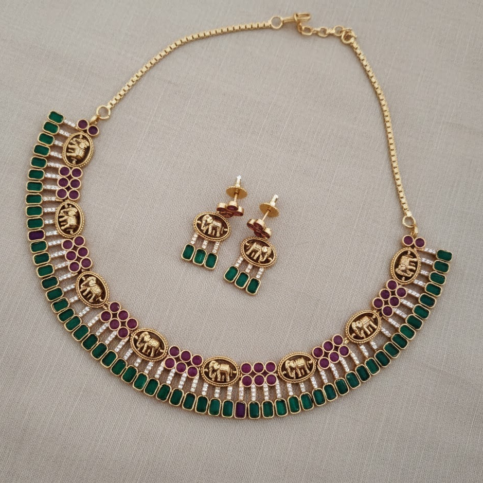 Elephant design with green stone necklace
