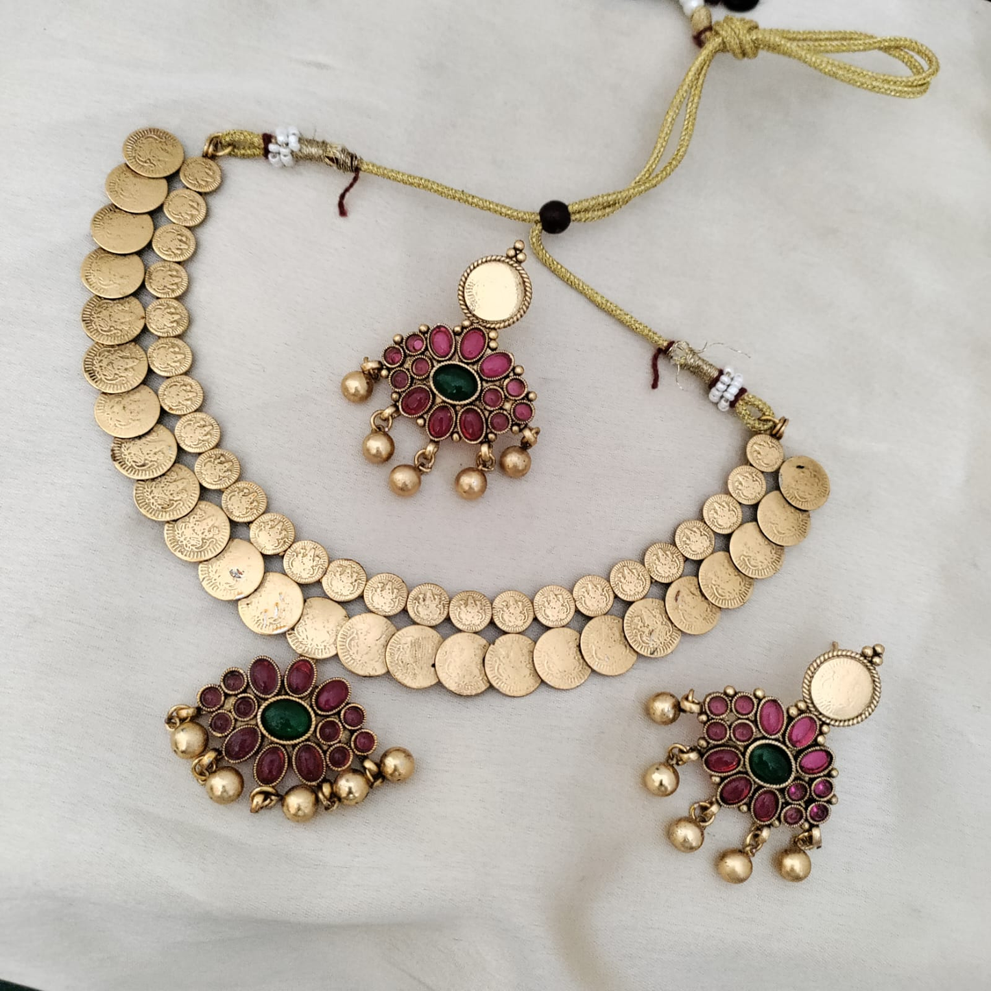 Ruby pendant lakshmi coin necklace