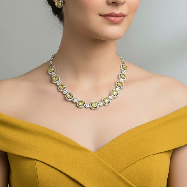Round motif yellow stone AD necklace