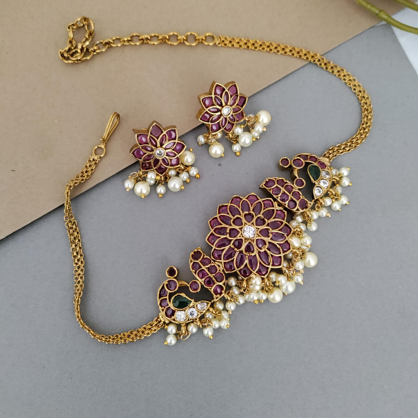 Flower ruby stone chocker set