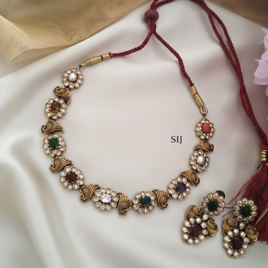 Navratna stone peacock design necklace set