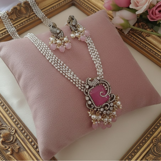 AD stone peacock pearl pendant chain set