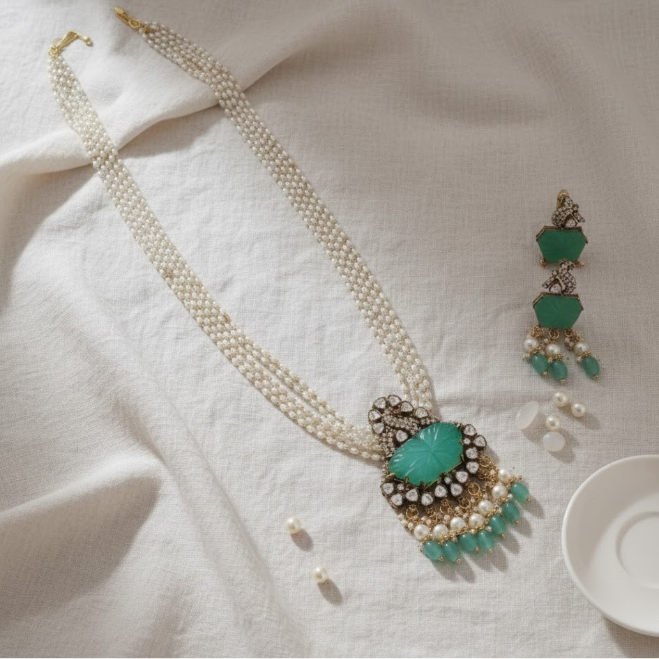 AD stone peacock pearl pendant chain set