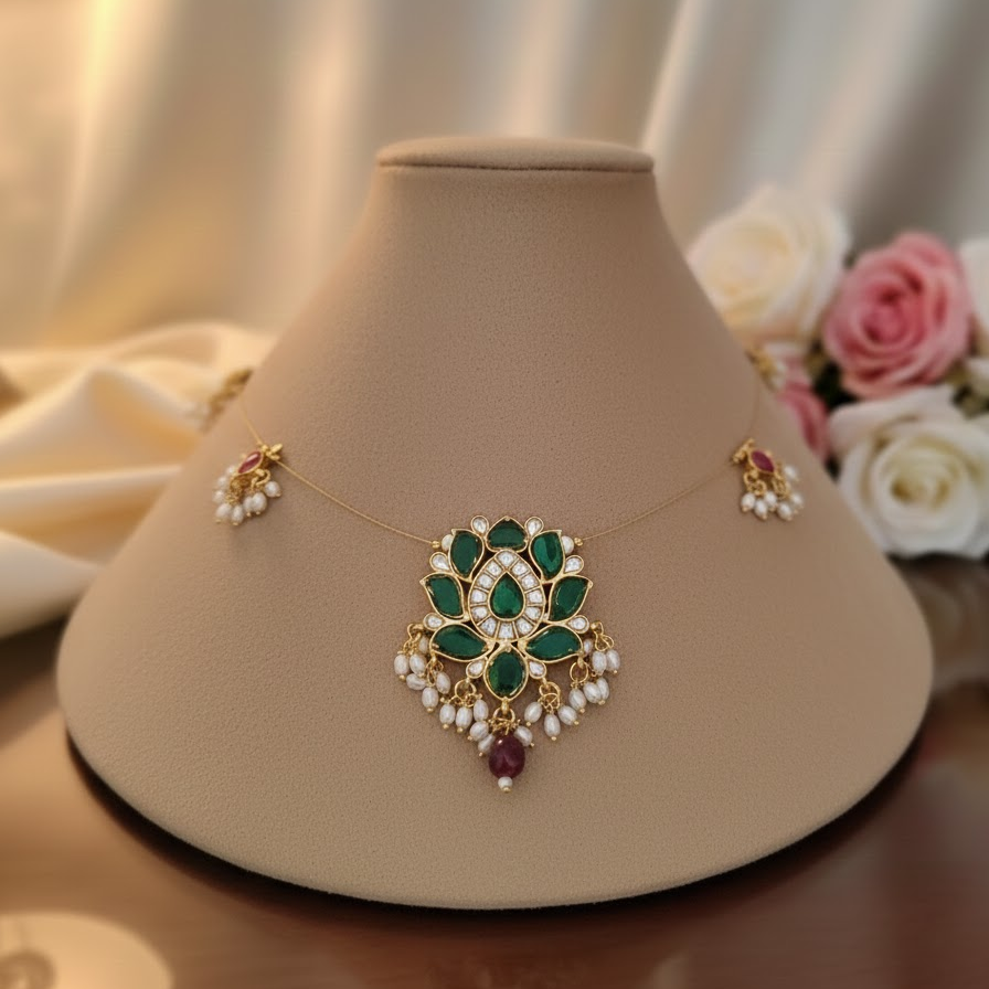 Green Lotus Jadau Invisible necklace