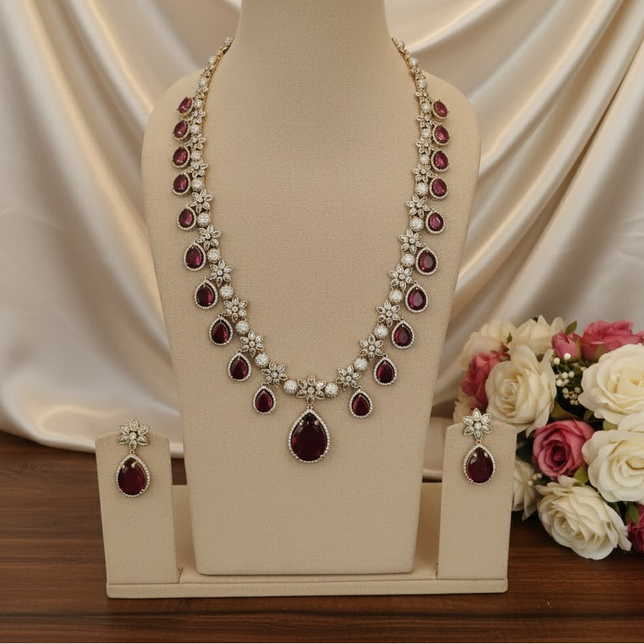 Victorian Diamond Long Bridal necklace - Ruby stone