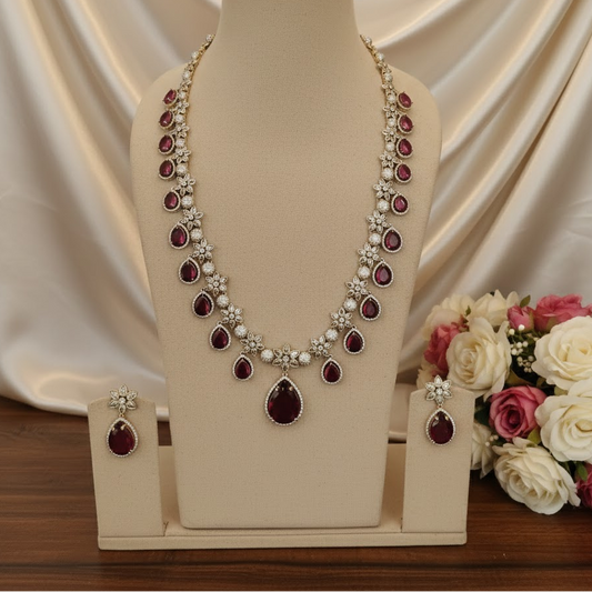 Victorian Diamond Long Bridal necklace - Ruby stone