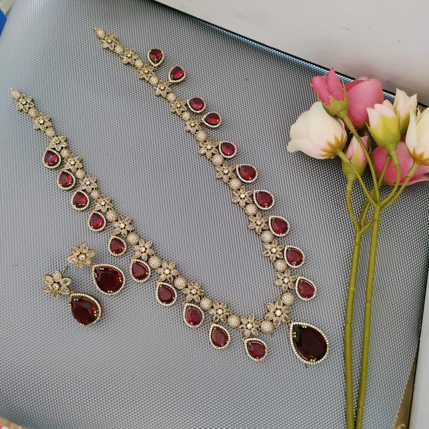 Victorian Diamond Long Bridal necklace - Ruby stone