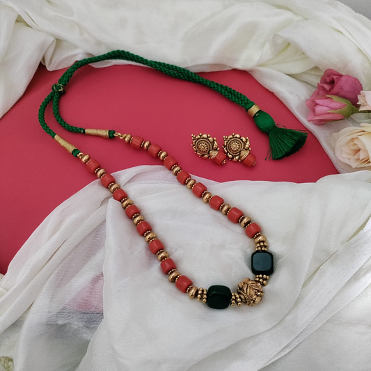 Coral beaded necklace set with Green stone