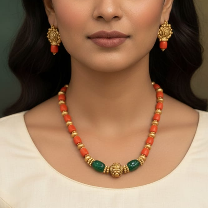 Coral beaded necklace set with Green stone