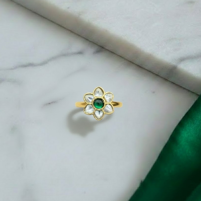 Floral Jadau Kundan Finger Ring  White