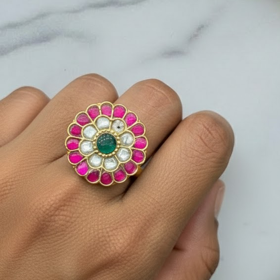 Floral Jadau Kundan Finger Ring  Round