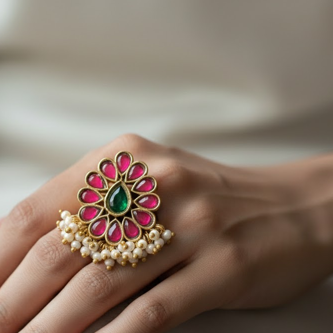Drop with Ghongroo Jadau Kundan Finger Ring