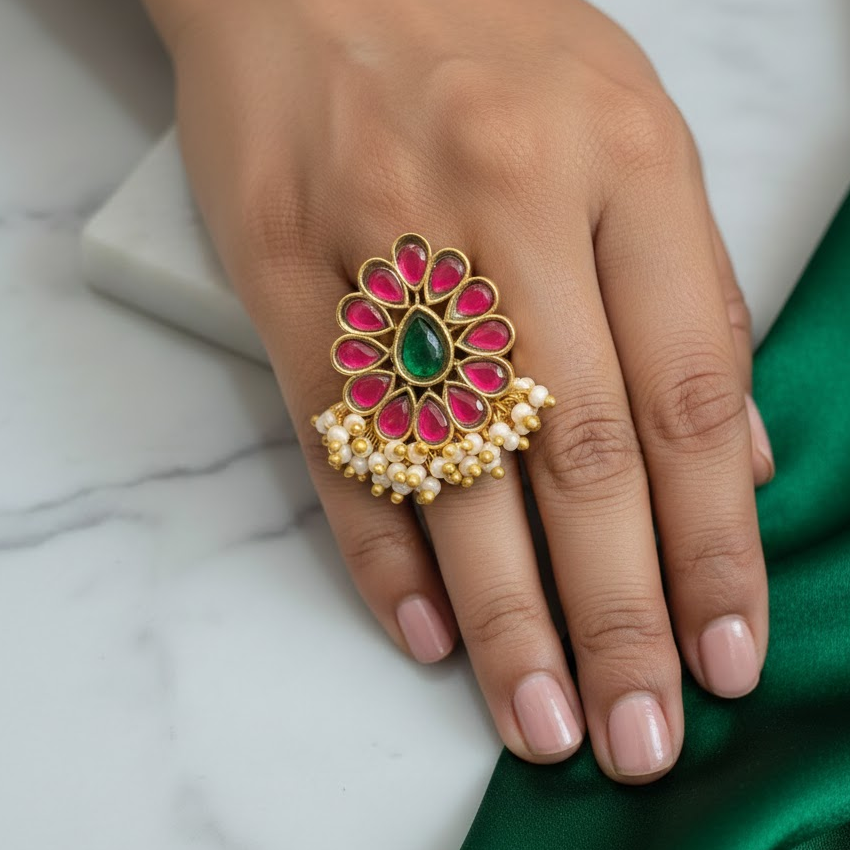 Drop with Ghongroo Jadau Kundan Finger Ring