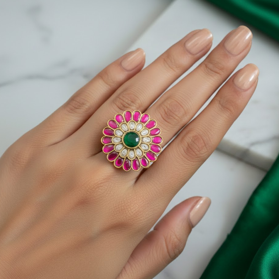 Jadau round flower Finger Ring