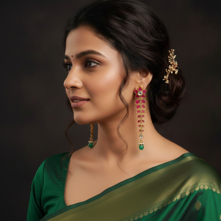 Long Leaf pattern Jadau kundan earring